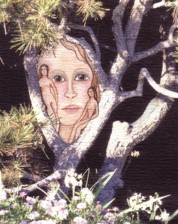 A watercolour face emerging from a tree, painting